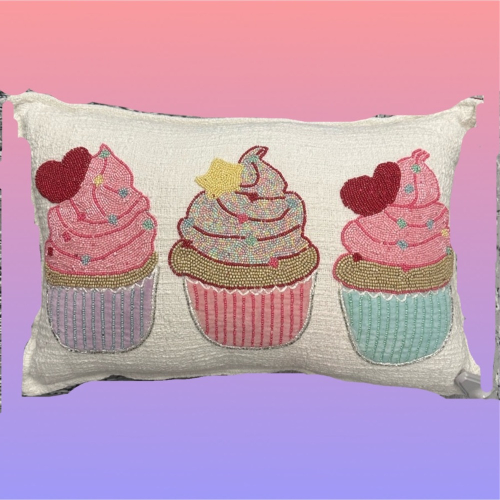 Valentines Beaded Cupcake Decorative plushie Pillow